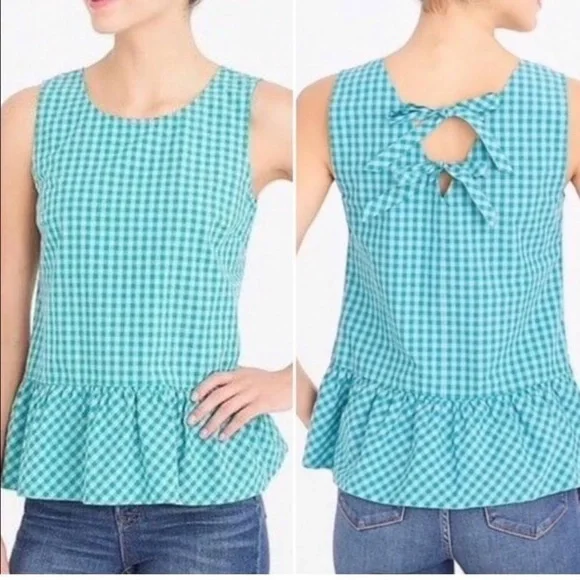 J. Crew Factory Gingham Printed Bow-Back Tie Back Cotton Peplum Tank Top - Picture 1 of 9